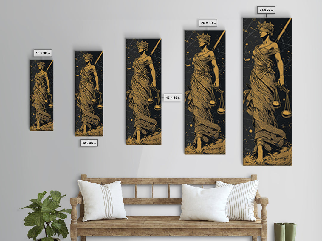 Themis Goddess Of Justice Gold Canvas Print, Blindfolded Lady Justice Wall Art, Scales Of Balance Decor, Real Wood Frame