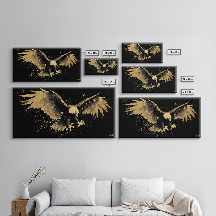 Eagle With Outstretched Wings, Gold Canvas Print, Real Wood Frame, Splatter Art, Majestic Bird Wall Decor