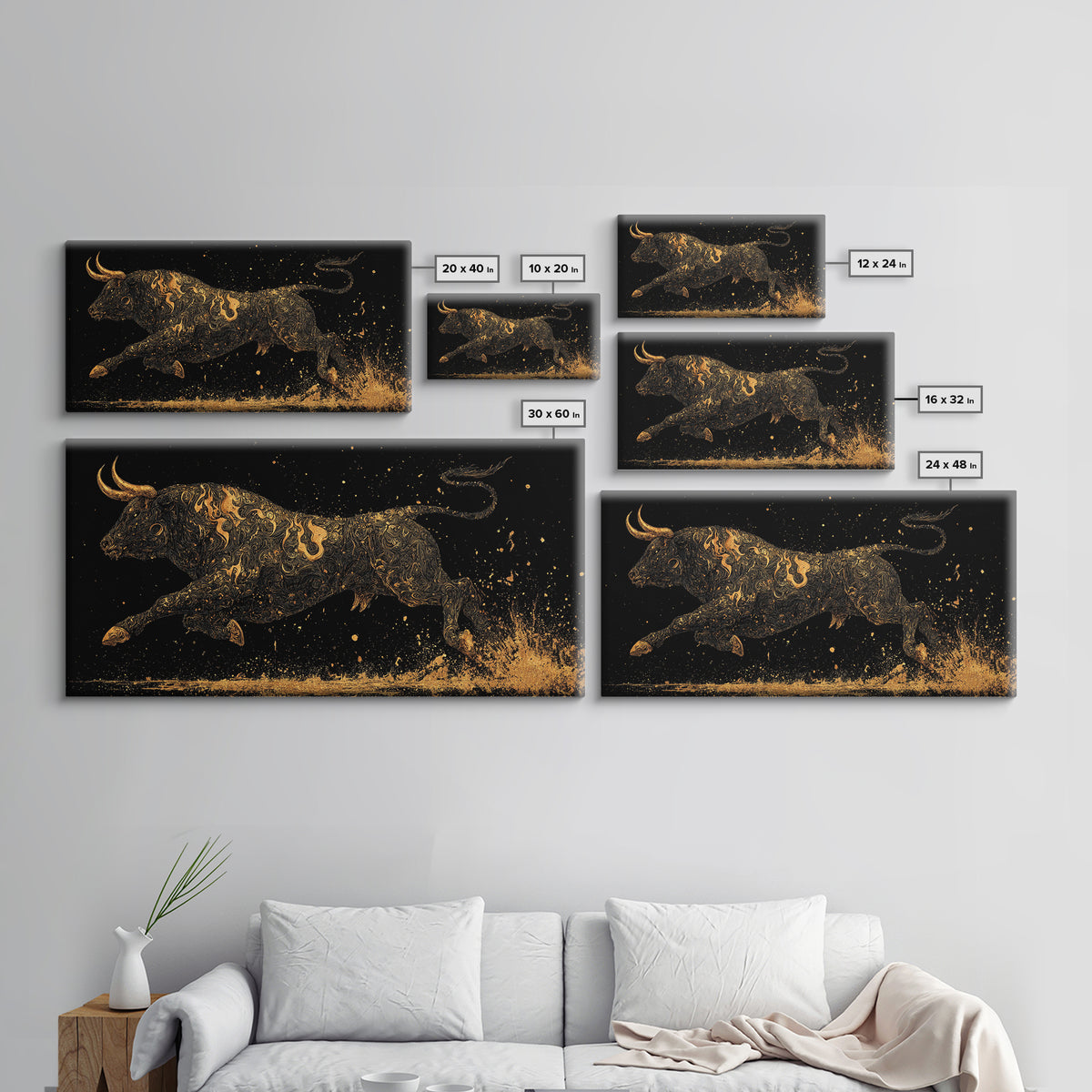Golden Bull In Motion, Gold Canvas Art, Real Wood Frame, Dynamic Animal Wall Decor, Mythology Inspired Artwork