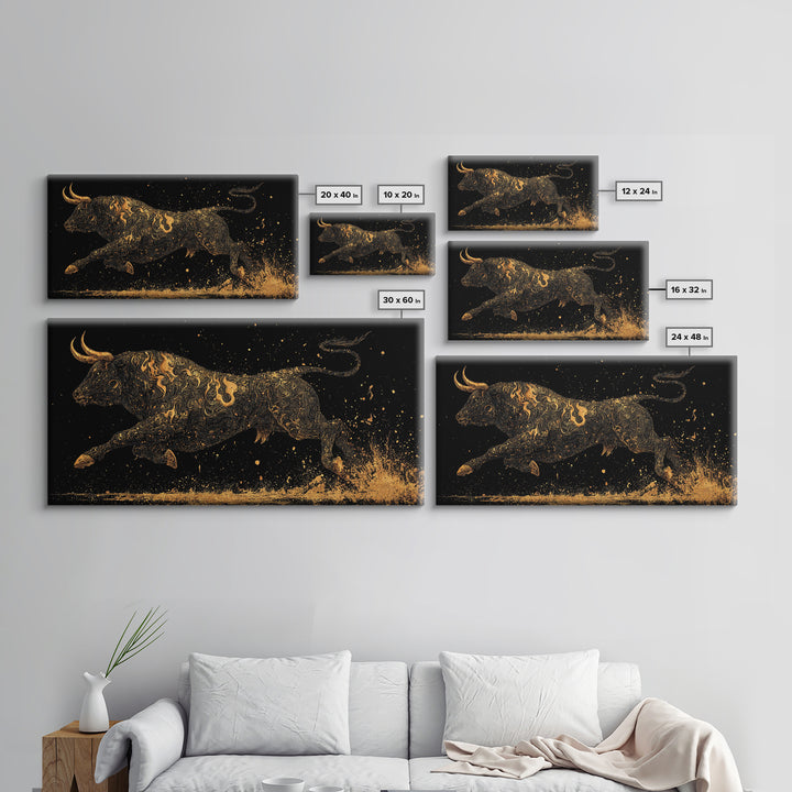 Golden Bull In Motion, Gold Canvas Art, Real Wood Frame, Dynamic Animal Wall Decor, Mythology Inspired Artwork