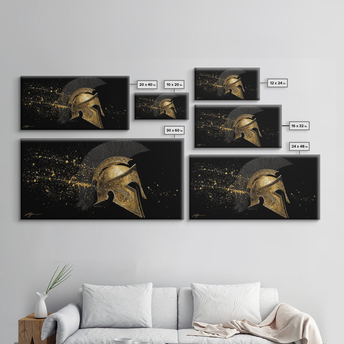 Golden Spartan Helmet, Gold Canvas Art, Real Wood Frame, Splatter Style Warrior Armor, Mythology Inspired Artwork