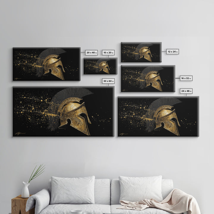 Golden Spartan Helmet, Gold Canvas Art, Real Wood Frame, Splatter Style Warrior Armor, Mythology Inspired Artwork