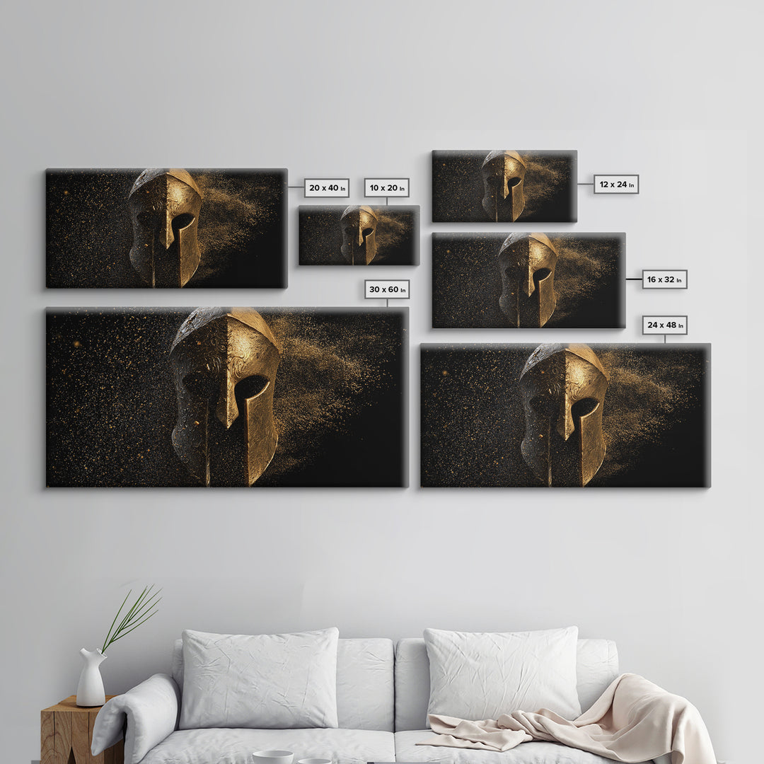 Half Gold Spartan Helmet, Gold Canvas Print, Real Wood Frame, Splatter Style Warrior Armor, Ancient Battle Artwork