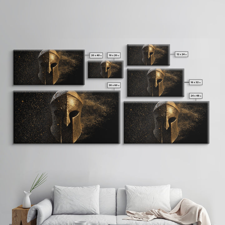 Half Gold Spartan Helmet, Gold Canvas Print, Real Wood Frame, Splatter Style Warrior Armor, Ancient Battle Artwork