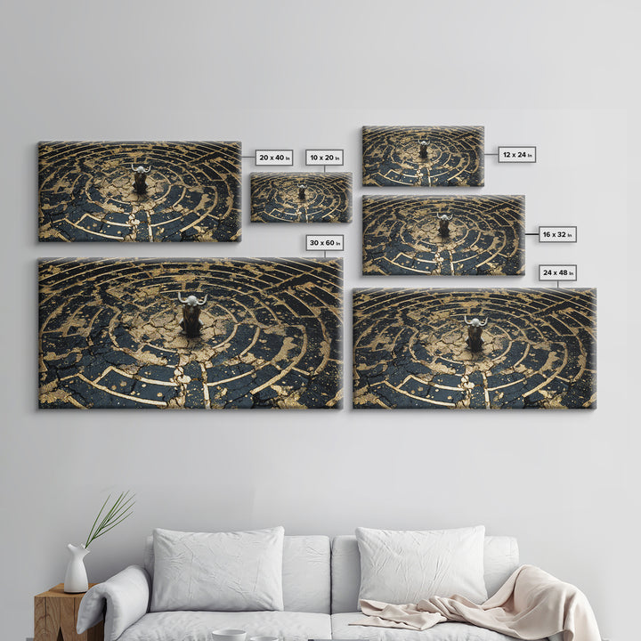 Minotaur In Labyrinth, Gold Canvas Print, Real Wood Frame, Mythology Inspired Wall Art, Ancient Maze Artwork