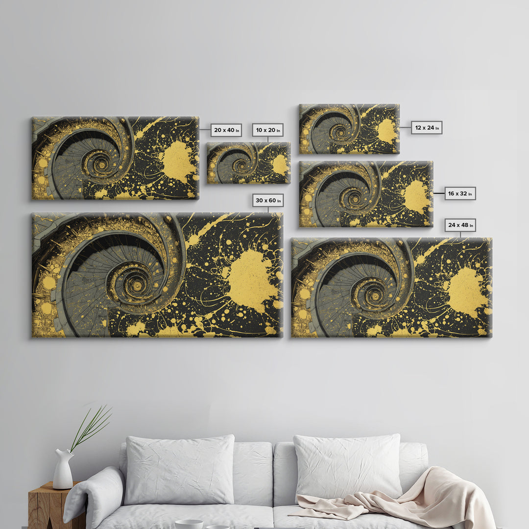 Golden Spiral Staircase, Gold Canvas Art, Real Wood Frame, Splatter Style Abstract Design, Modern Wall Decor