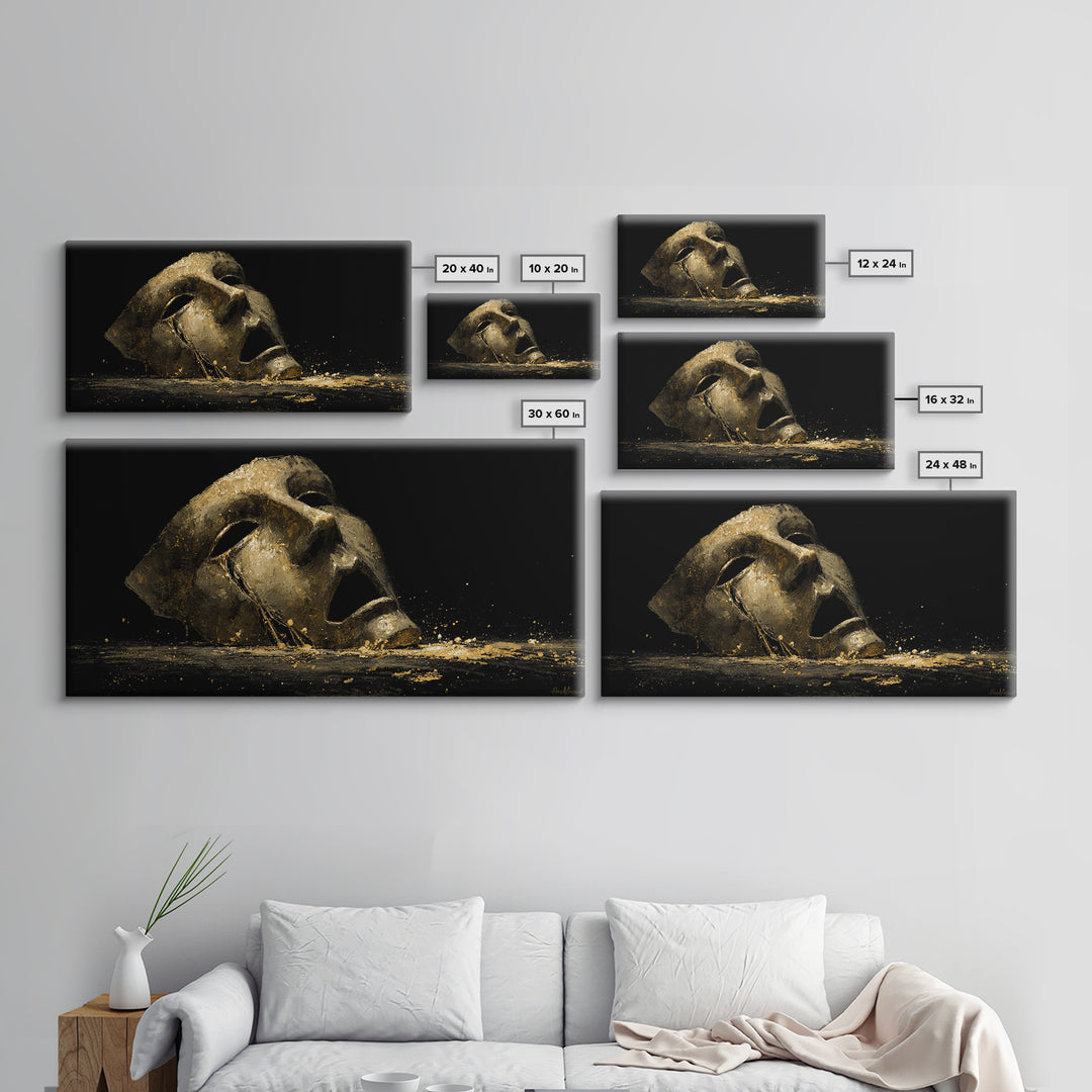 Golden Theatrical Mask, Gold Canvas Print, Real Wood Frame, Dramatic Abstract Artwork, Expressive Wall Art