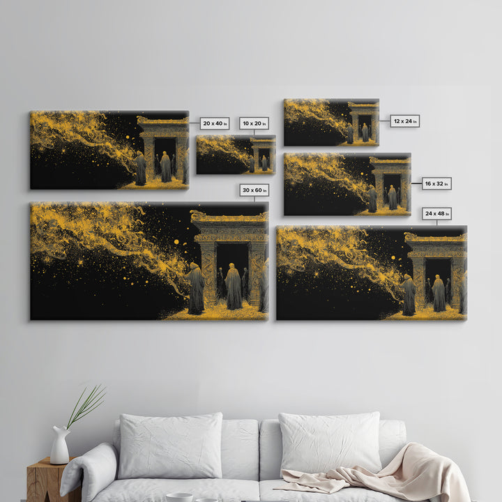 Gold Ancient Gate Scene, Robed Figures and Ornate Carvings, Wood Framed Map Wall Art for Mystery and Fantasy Lovers