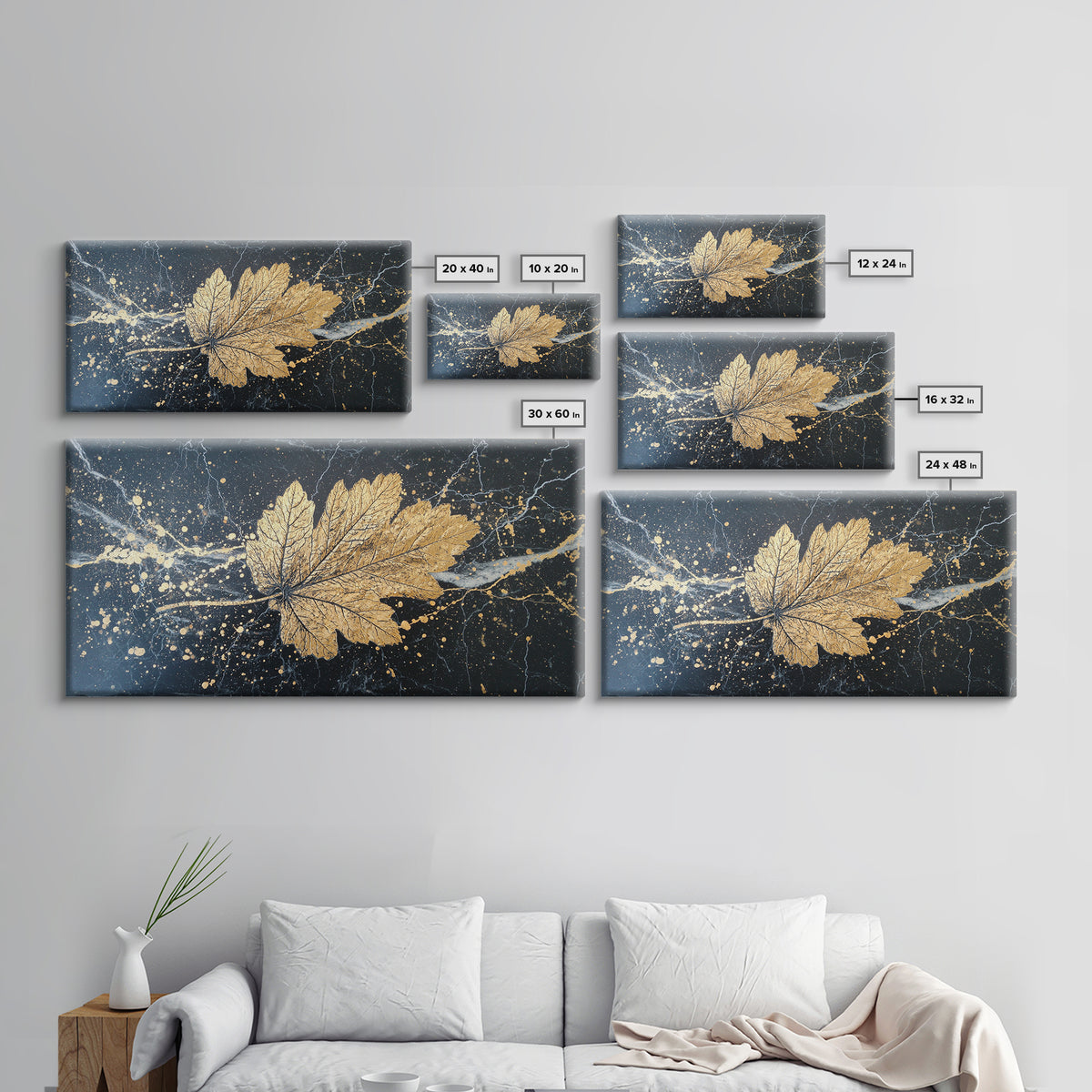 Golden Maple Leaf On Black, Gold Canvas Art, Real Wood Frame, Splatter Style, Nature Wall Decor, Leaf Print