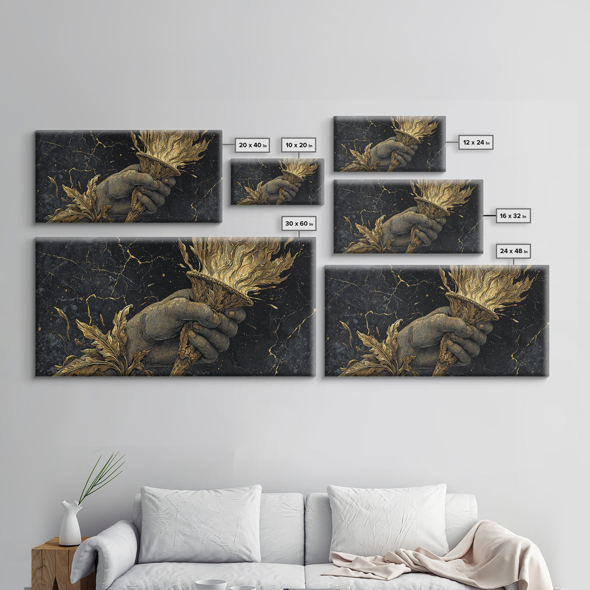 Gold Torch of Triumph Print, Detailed Hand and Flame, Wood Framed Map Wall Décor for Victory and Inspiration Themes