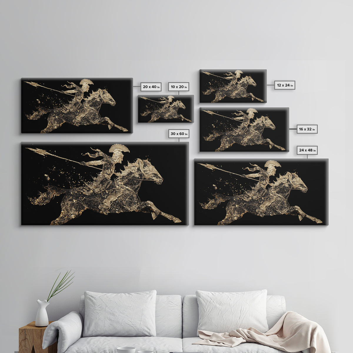 Gold Canvas Art Spartan Rider Silhouette, Splatter Effect Spear Charge, Wood Framed Map Wall Décor, Historical and Warrior-Themed Spaces
