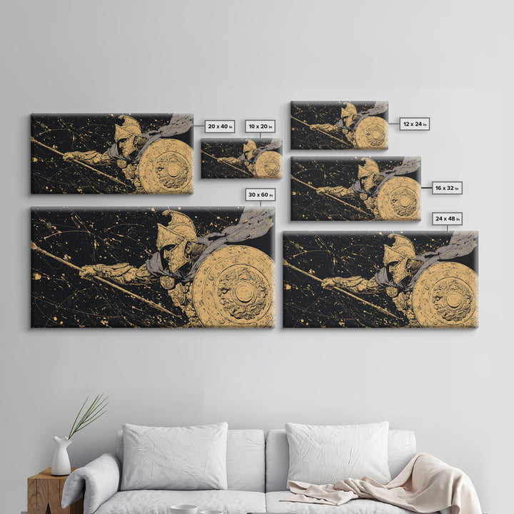 Gold Canvas Print Spartan Soldier with Shield and Spear, Splatter Background, Wood Framed Map Wall Art for Ancient Greece Enthusiasts