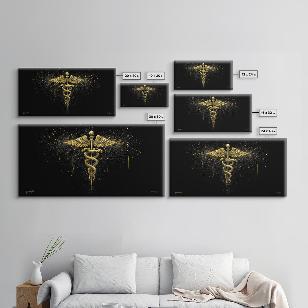 Gold Canvas Art Caduceus Medical Symbol, Splatter Background Art Style, Wood Framed Map Wall Décor for Healthcare, Classical Symbol Lovers