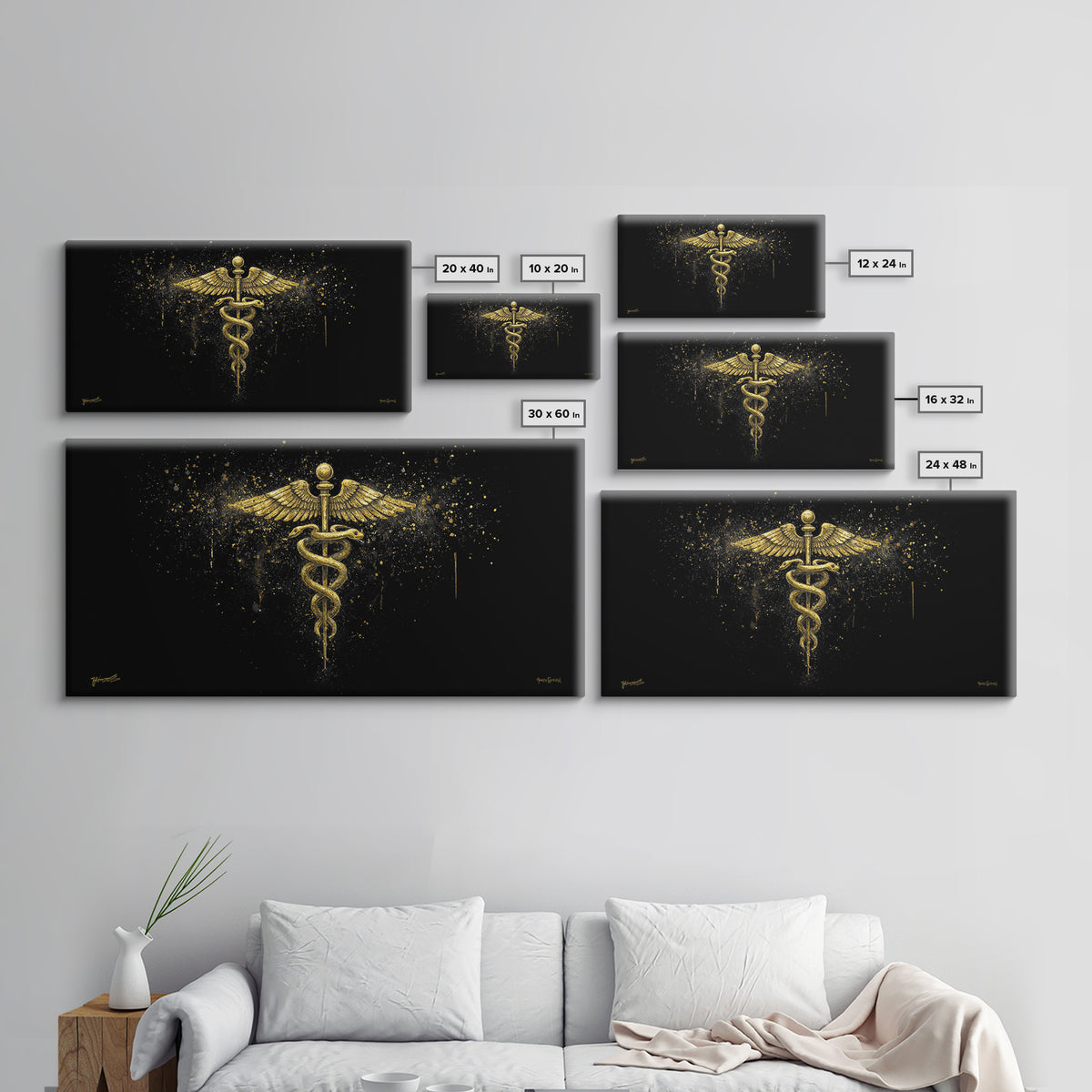 Gold Canvas Art Caduceus Medical Symbol, Splatter Background Art Style, Wood Framed Map Wall Décor for Healthcare, Classical Symbol Lovers