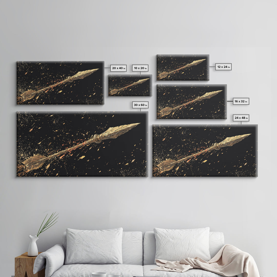 Golden Spear In Flight, Gold Canvas Print, Real Wood Frame, Dynamic Weapon Art, Mythology Inspired Wall Decor