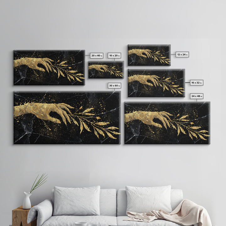 Gold Canvas Print Hand Offering Olive Branch, Splatter Art Marble Texture, Wood Framed Map Wall Art for Peace and Nature Symbolism