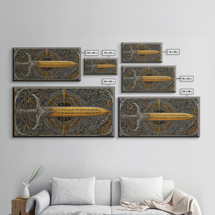 Gold Canvas Print of Ornate Sword and Compass Design, Engraved Blade and Decorative Frame, Wood Framed Map Wall Décor