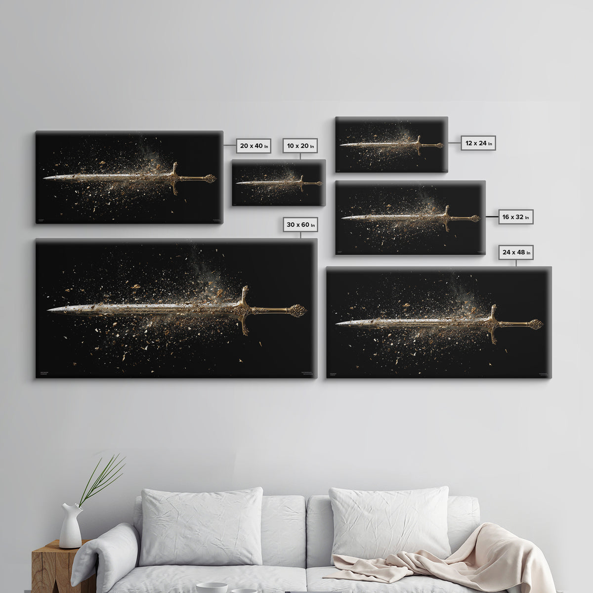 Gold Canvas Art of Shattering Sword in Mid-Air, Detailed Blade Explosion and Dark Background, Wood Framed Map Wall Art Display
