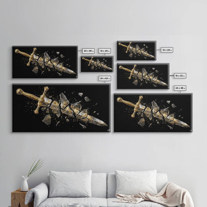 Gold Canvas Print of Broken Sword in Fragments, Detailed Golden Hilt and Blade Shards, Wood Framed Map Wall Décor Accent