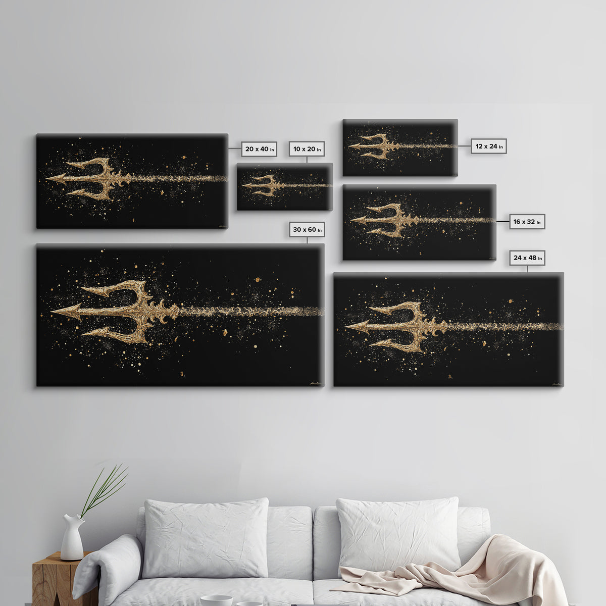Gold Canvas Art of Decorative Trident in Motion, Splatter Effect on Black Background, Wood Framed Map Wall Art for Nautical Themes