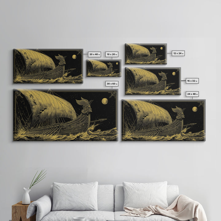 Gold Canvas Print of Ancient Greek Warship at Sea, Detailed Engraving Style and Waves, Wood Framed Map Wall Art for History