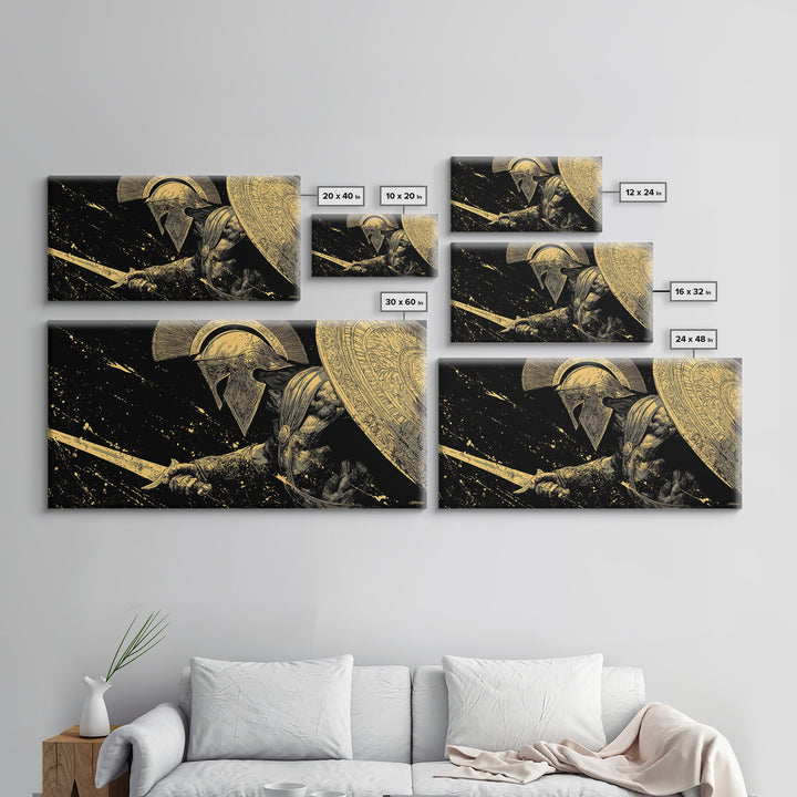 Gold Canvas Print of Spartan Warrior in Battle Pose, Detailed Shield and Sword, Splatter Background, Wood Framed Map Wall Art