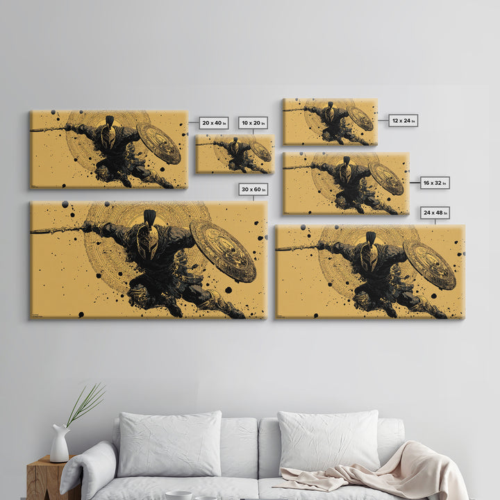 Gold Canvas Art of Spartan Soldier Leaping Forward with Spear and Shield, Decorative Armor and Mandala, Wood Framed Map Wall Décor