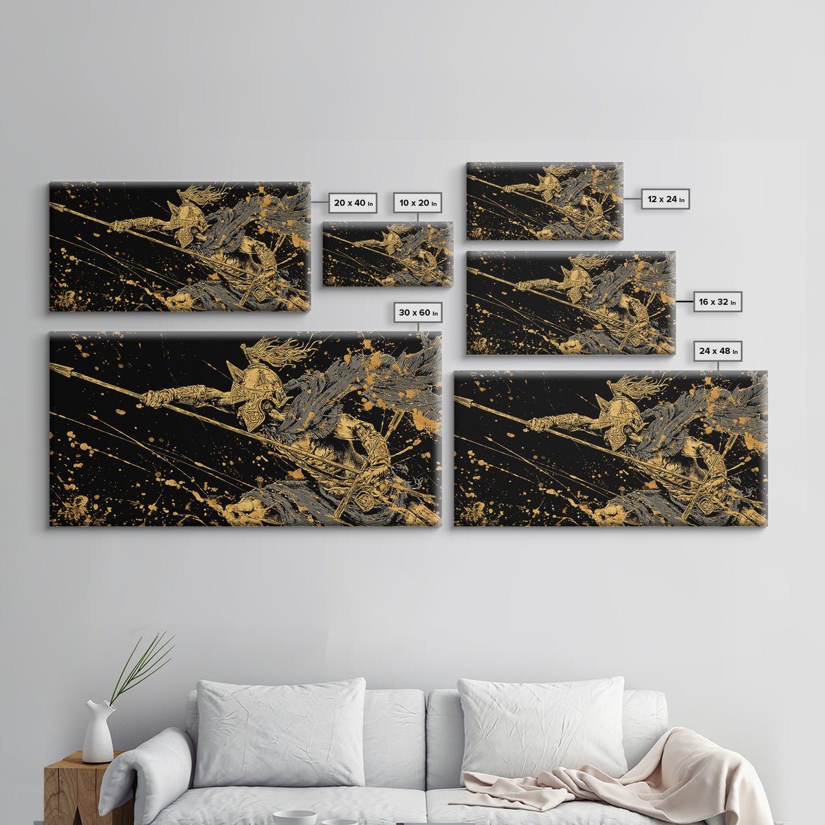 Gold Canvas Art of Warrior with Flowing Cape and Spear, Ornate Armor and Dynamic Battle Pose, Wood Framed Map Wall Art for History