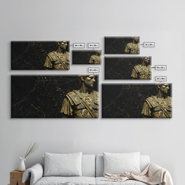 Ancient Roman Emperor Statue Gold Canvas Print, Luxurious Black Marble Background, Classical Warrior Art, Regal Home Decor