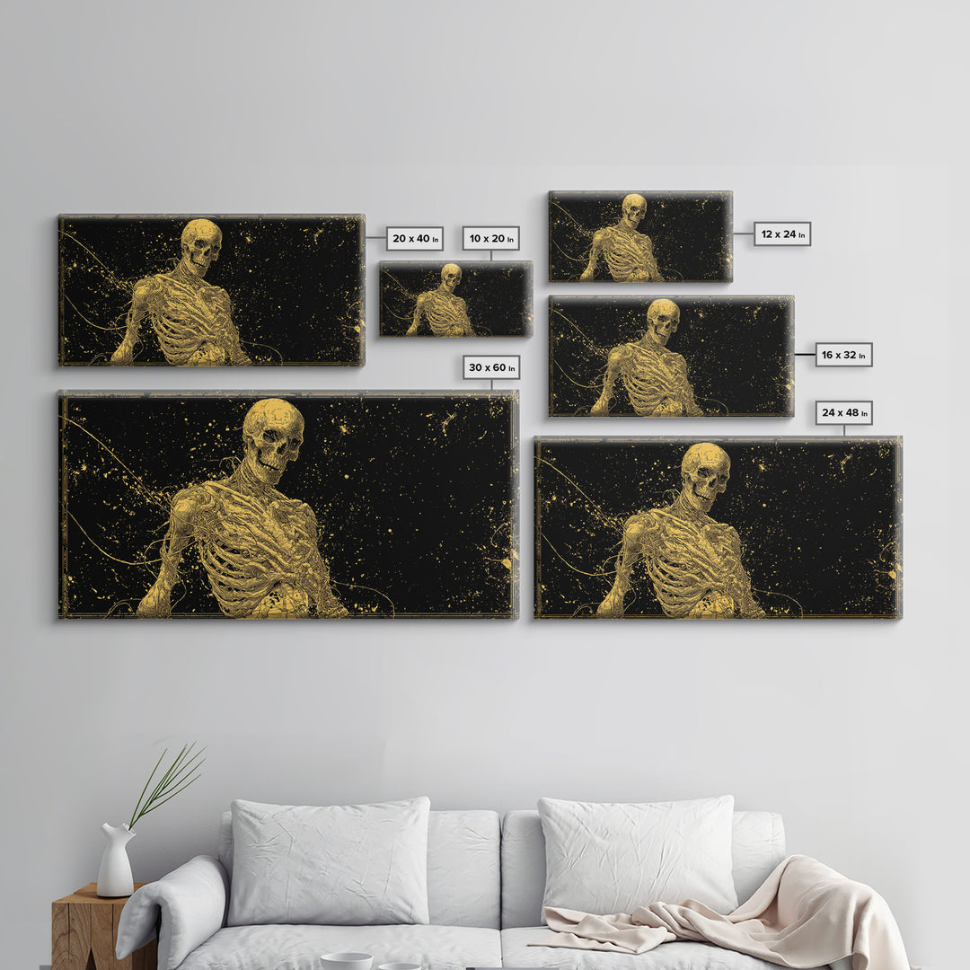 Golden Anatomical Skeleton on Black Starfield Gold Canvas Print, Macabre Anatomy Illustration, Gothic Horror Home Art