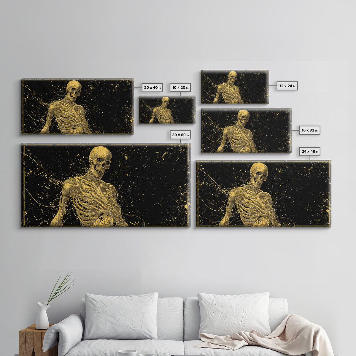 Golden Anatomical Skeleton on Black Starfield Gold Canvas Print, Macabre Anatomy Illustration, Gothic Horror Home Art