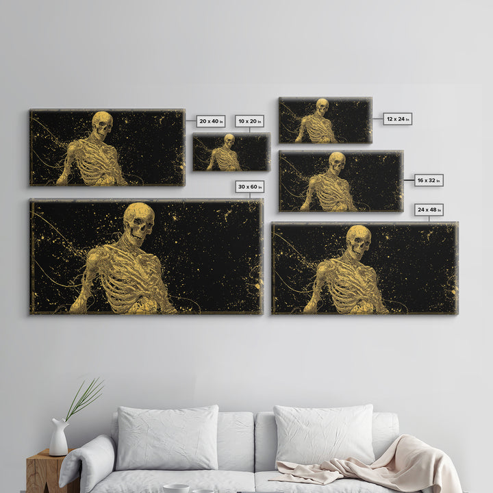 Golden Anatomical Skeleton on Black Starfield Gold Canvas Print, Macabre Anatomy Illustration, Gothic Horror Home Art