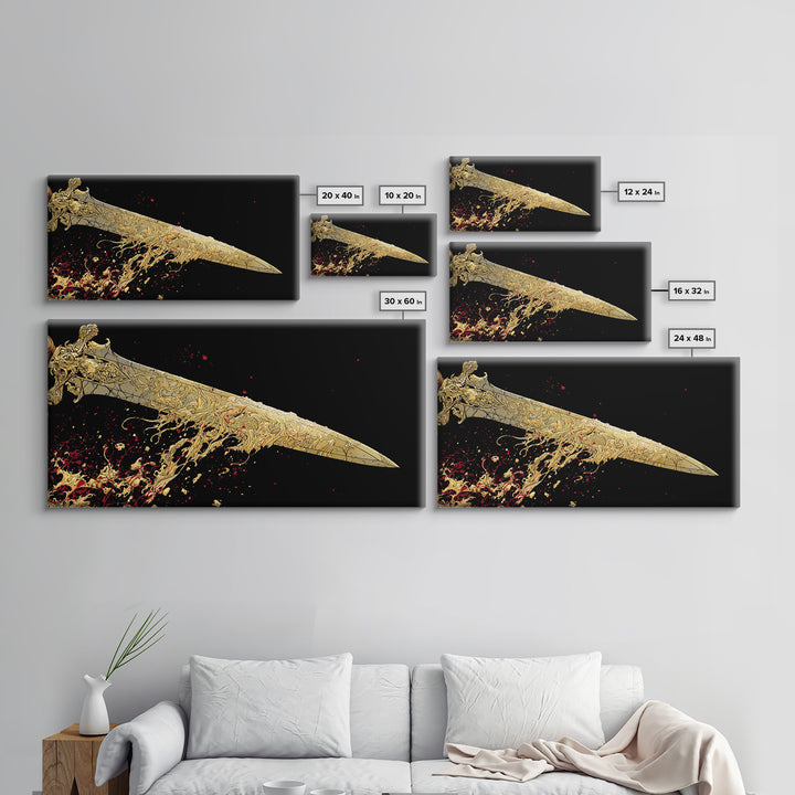 Golden Ornate Sword, Gold Canvas Print, Real Wood Frame, Dramatic Fantasy Weapon Art, Mythology Wall Decor