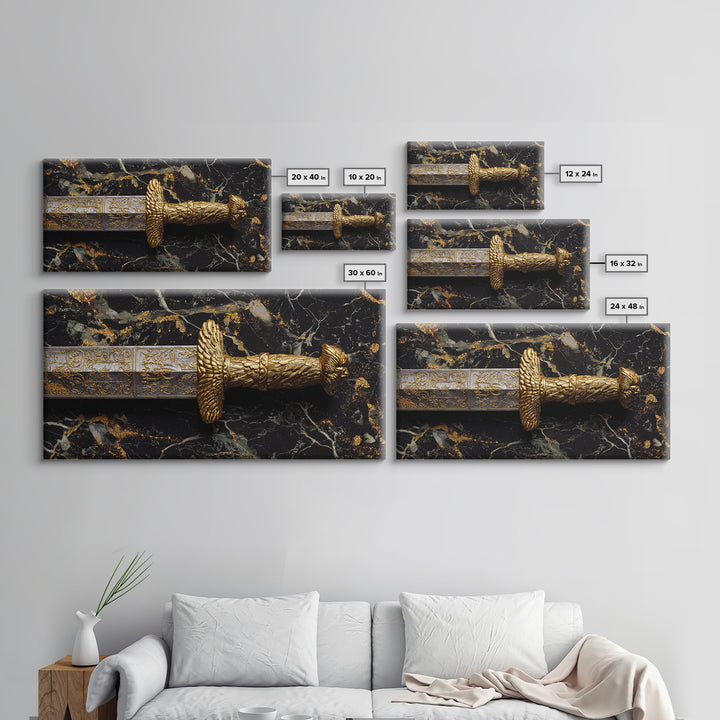 Golden Sword Hilt with Lion Design Gold Canvas Art, Ornate Weapon Photography, Luxurious Warrior Decor, Classical Battle Theme