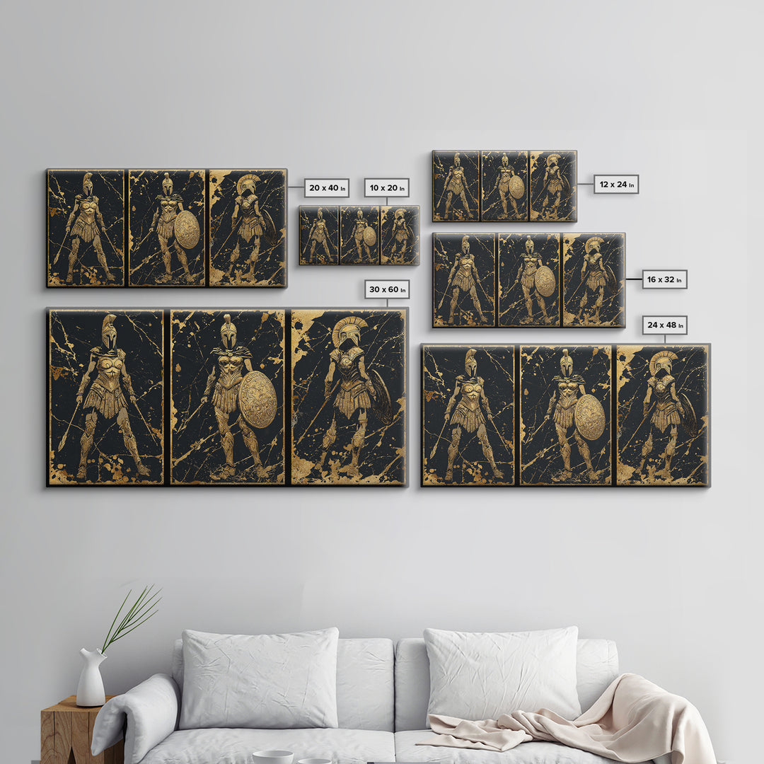 Greek Warrior Triptych Print, Spartan Female Soldiers Artwork, Gold Canvas Art, Ancient Greece Wall Decor, Mythic Battle Scene