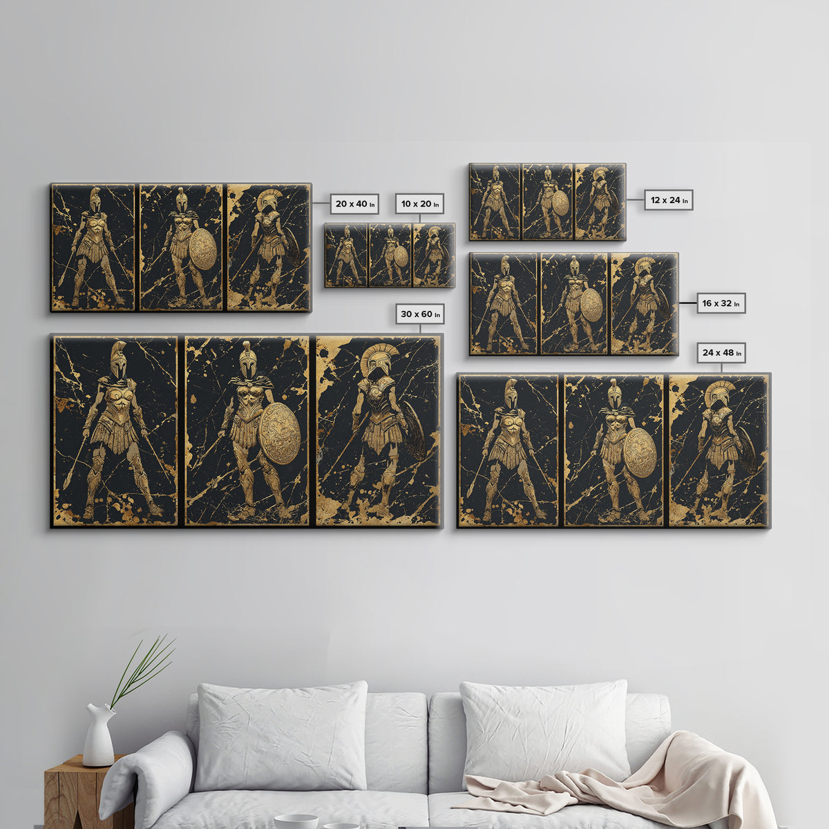 Greek Warrior Triptych Print, Spartan Female Soldiers Artwork, Gold Canvas Art, Ancient Greece Wall Decor, Mythic Battle Scene
