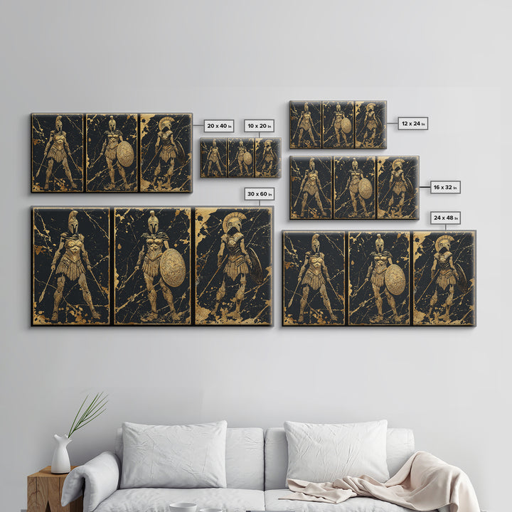 Greek Warrior Triptych Print, Spartan Female Soldiers Artwork, Gold Canvas Art, Ancient Greece Wall Decor, Mythic Battle Scene