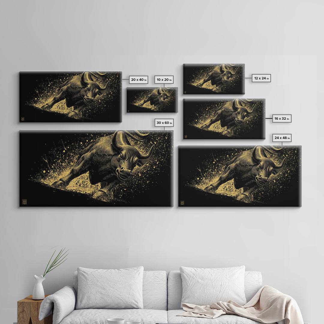Charging Golden Bull, Gold Canvas Print, Real Wood Frame, Dynamic Animal Wall Art, Powerful Bull Illustration