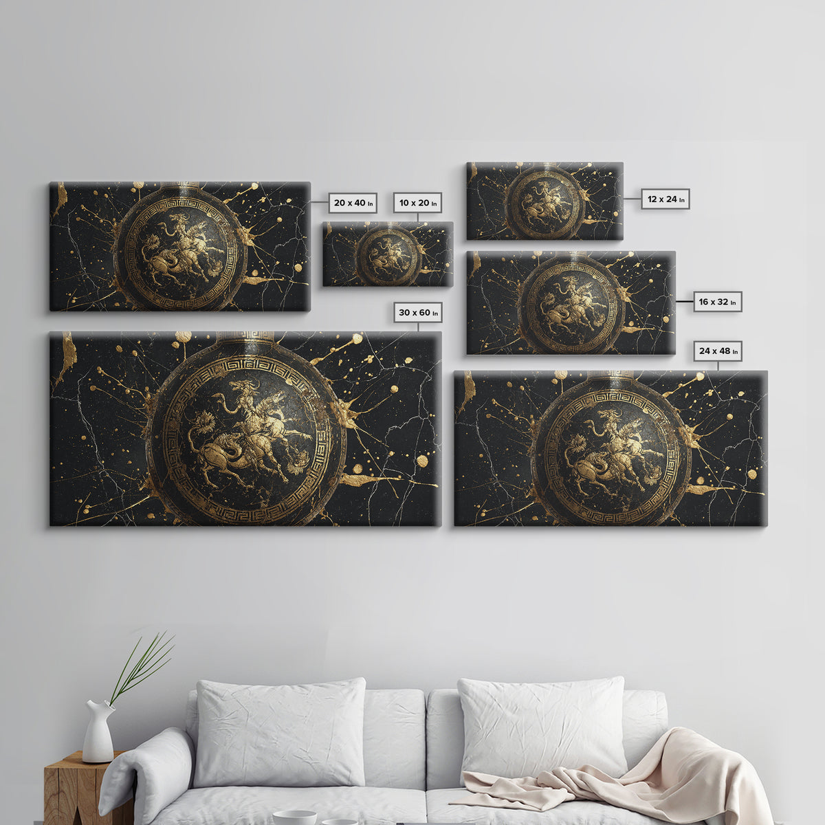 Greek Amphora Mythological Battle Scene, Gold Canvas Art, Ancient Greek Pottery Design, Classic Museum Style Wall Decor Print