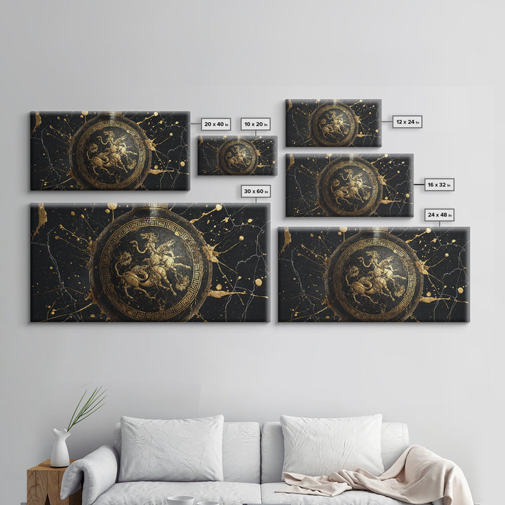 Greek Amphora Mythological Battle Scene, Gold Canvas Art, Ancient Greek Pottery Design, Classic Museum Style Wall Decor Print