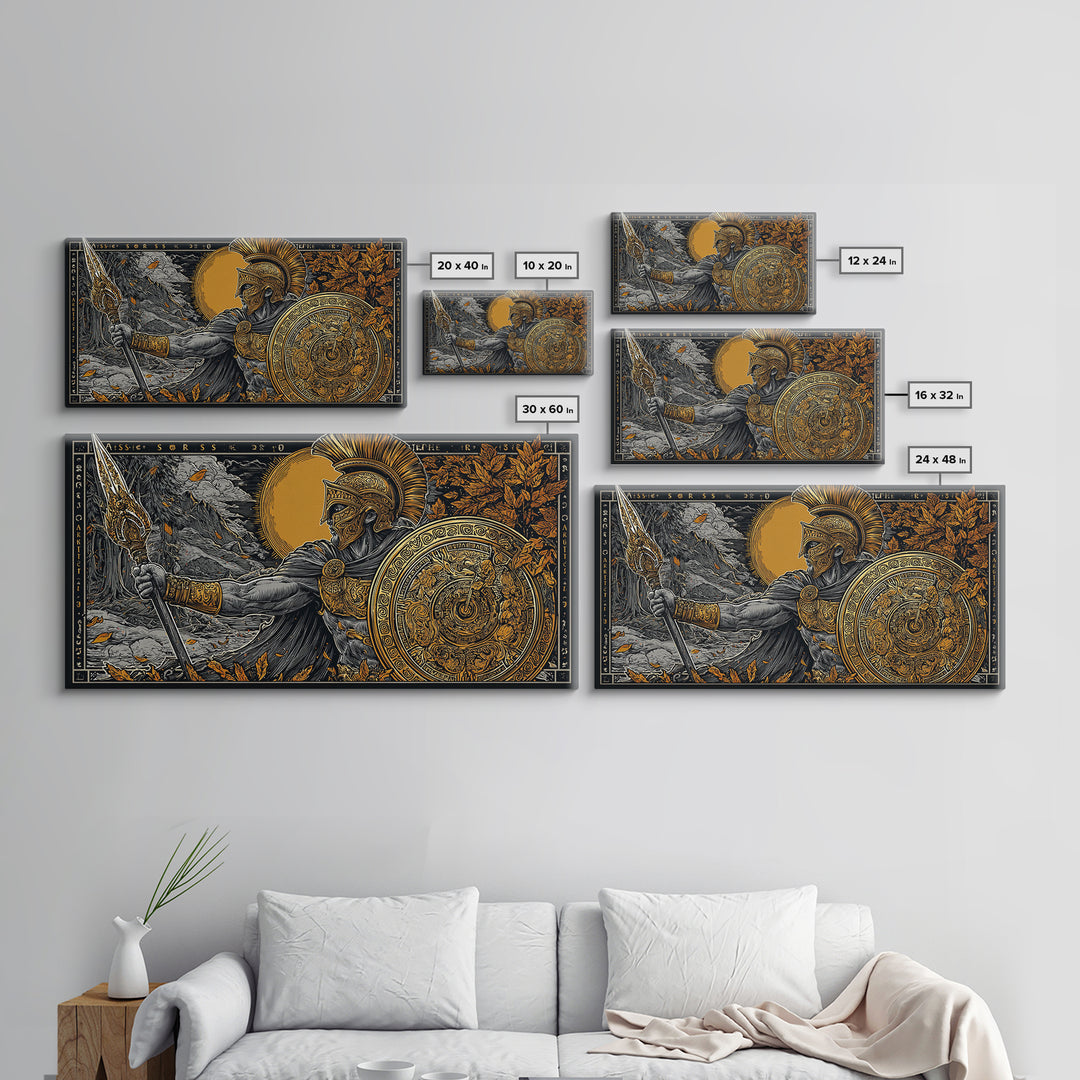 Ares Greek Warrior God With Spear And Shield, Gold Canvas Art, Heroic Mythological Wall Decor, Luxury Classical Home Accent