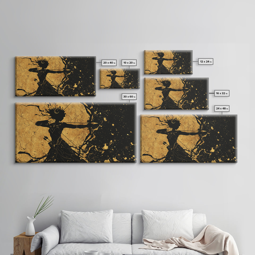 Artemis Goddess Of The Hunt And Moon, Gold Canvas Art, Elegant Greek Mythology Wall Decor, Celestial Classical Home Accent