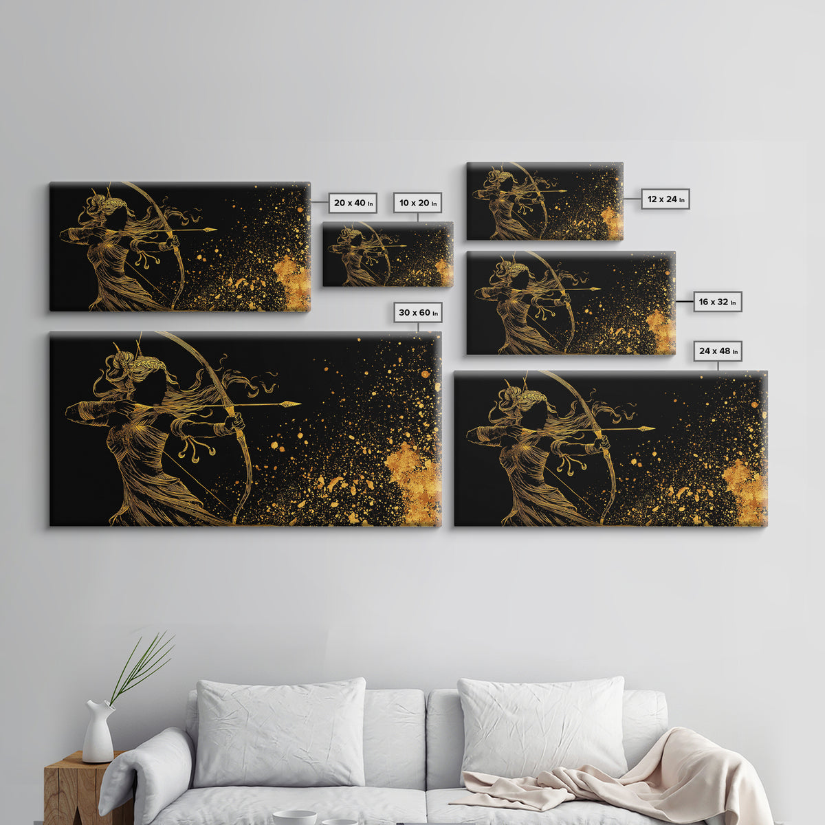 Artemis Greek Goddess Archer Silhouette, Gold Canvas Art, Celestial Mythology Wall Decor, Elegant Classical Home Accent Piece