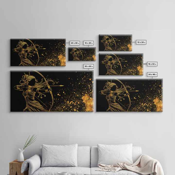 Artemis Greek Goddess Archer Silhouette, Gold Canvas Art, Celestial Mythology Wall Decor, Elegant Classical Home Accent Piece