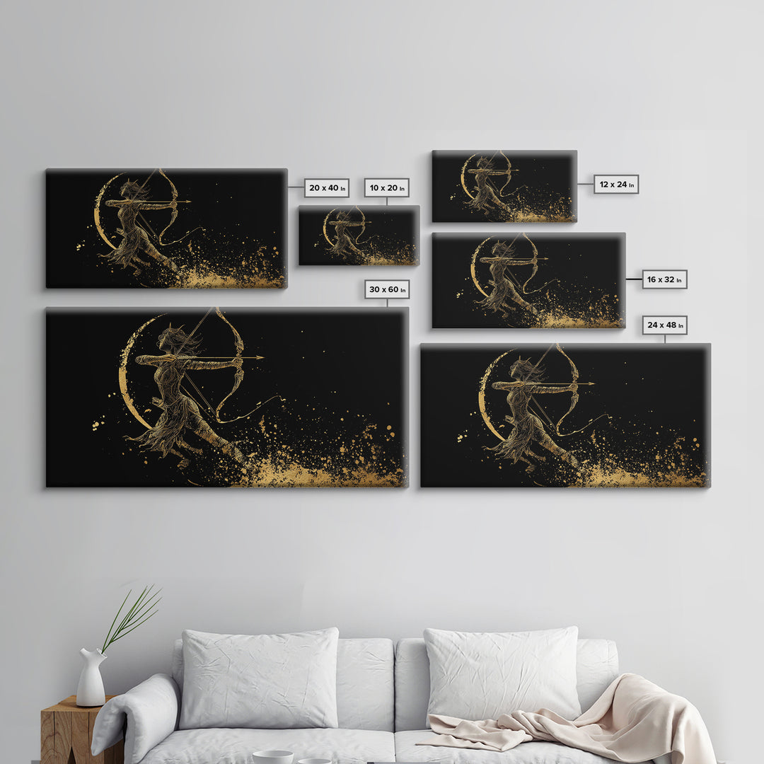 Gold Canvas Art Of Artemis Greek Goddess Archer, Black Background, Elegant Moon And Bow Design, Panoramic Mythology Wall Art