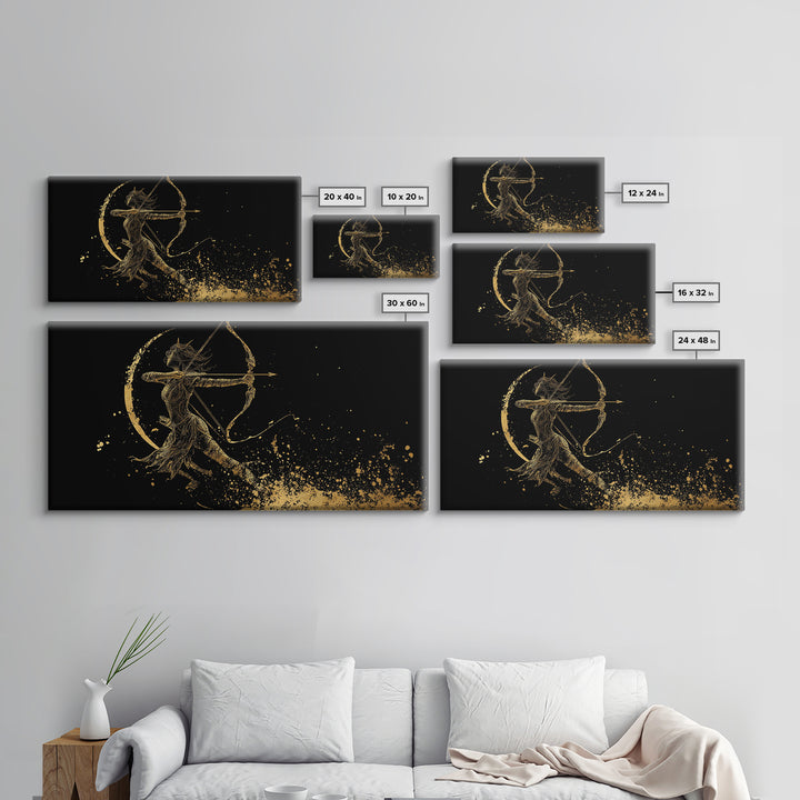 Gold Canvas Art Of Artemis Greek Goddess Archer, Black Background, Elegant Moon And Bow Design, Panoramic Mythology Wall Art