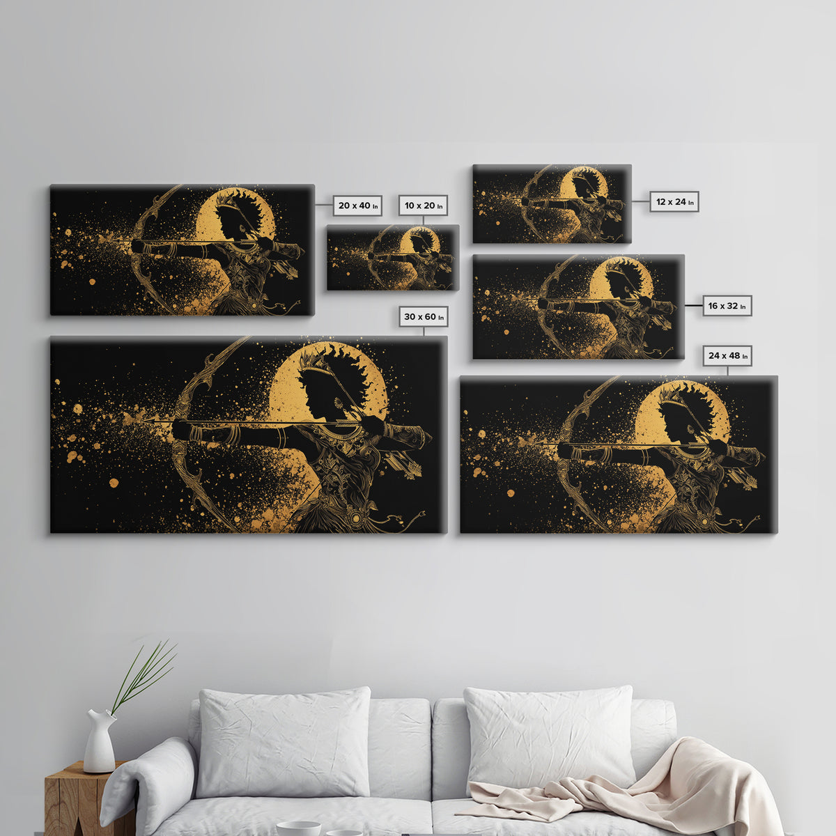 Gold Canvas Print Of Artemis Greek Goddess Archer, Regal Profile, Detailed Bow And Arrow, Panoramic Fantasy Wall Decor