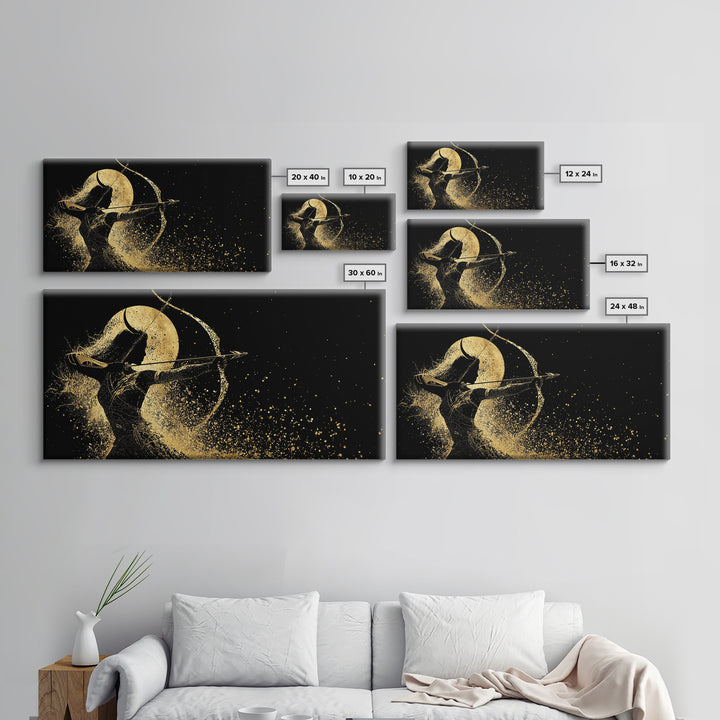 Gold Canvas Print Of Artemis Greek Goddess Archer, Full Moon Silhouette, Gold Splatter Effect, Panoramic Elegant Wall Art