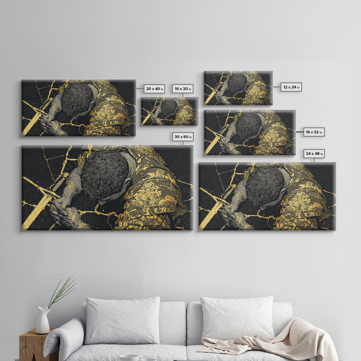 Gold Canvas Print Of Cassius Greek Warrior Kneeling With Sword, Gold Crackle Armor Detail, Panoramic Mythology Wall Artwork