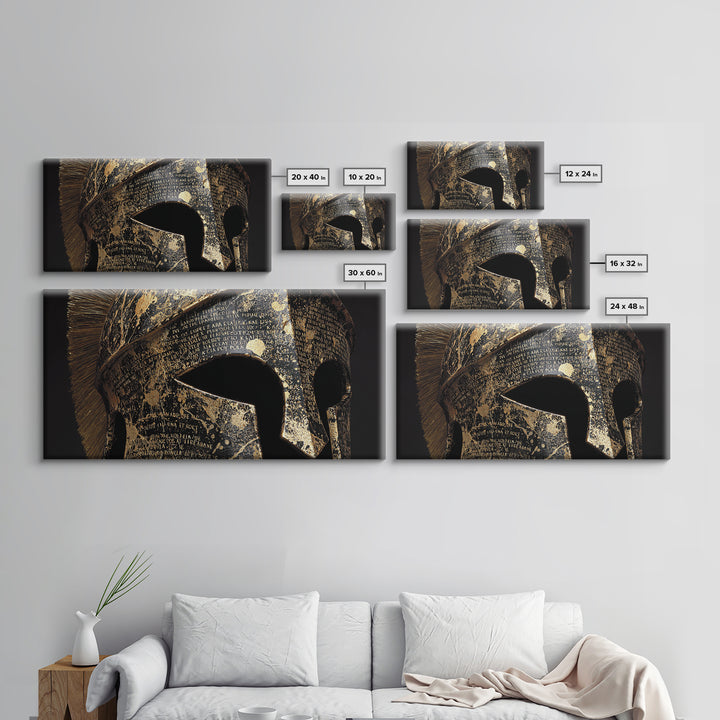Gold Canvas Print, Corinthian Greek Helmet, Ancient Warrior Armor Wall Art, Black and Gold Historical Decor, Mythic Design